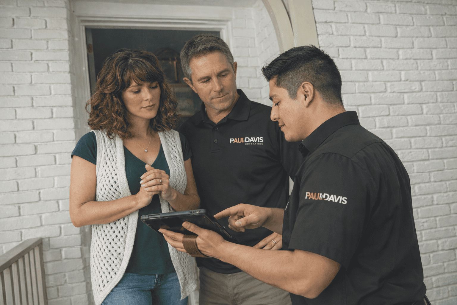 Paul Davis Restoration of Eastern Ohio team member reviewing project details with homeowners using a tablet during residential damage restoration consultation.