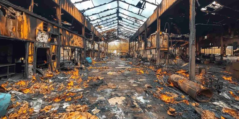 Severely burned commercial building interior after fire damage requiring professional fire and smoke restoration services in Eastern Ohio.