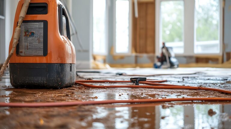 Industrial air mover drying wet flooring after water damage in residential property, part of emergency water removal and drying services in Eastern Ohio.